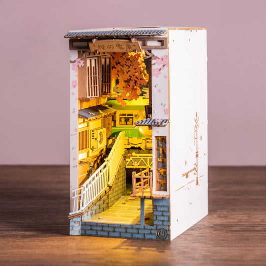 Rolife Sakura Densya river tram scene enhances cozy shelf decor