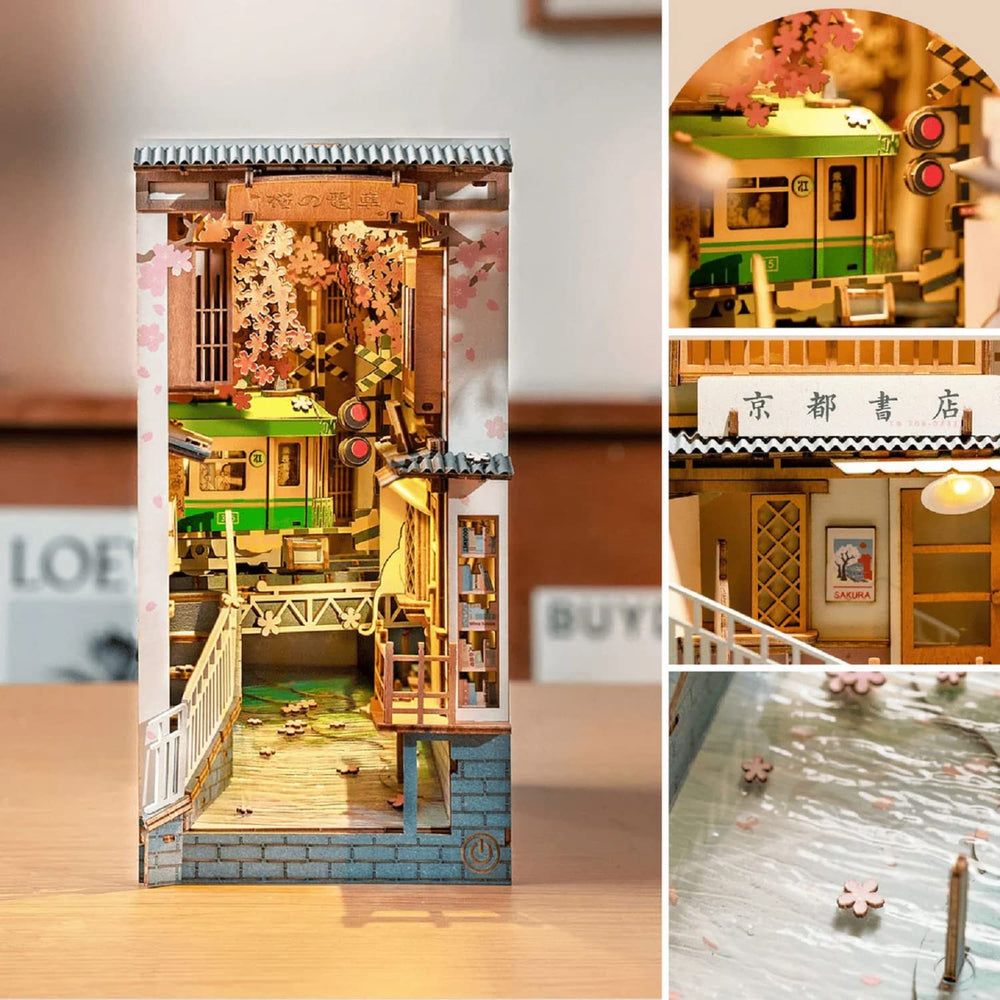 Rolife Sakura Densya storefronts lit at night for charming shelves