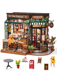 Rolife Tipsy Restaurant dollhouse features a bear shopkeeper for a cozy display.
