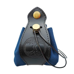 Rollooo black and blue Celtic tree dice bag with drawstring closed for secure carry.