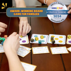 Rolls 2 Riches compact board game for easy shelf storage.