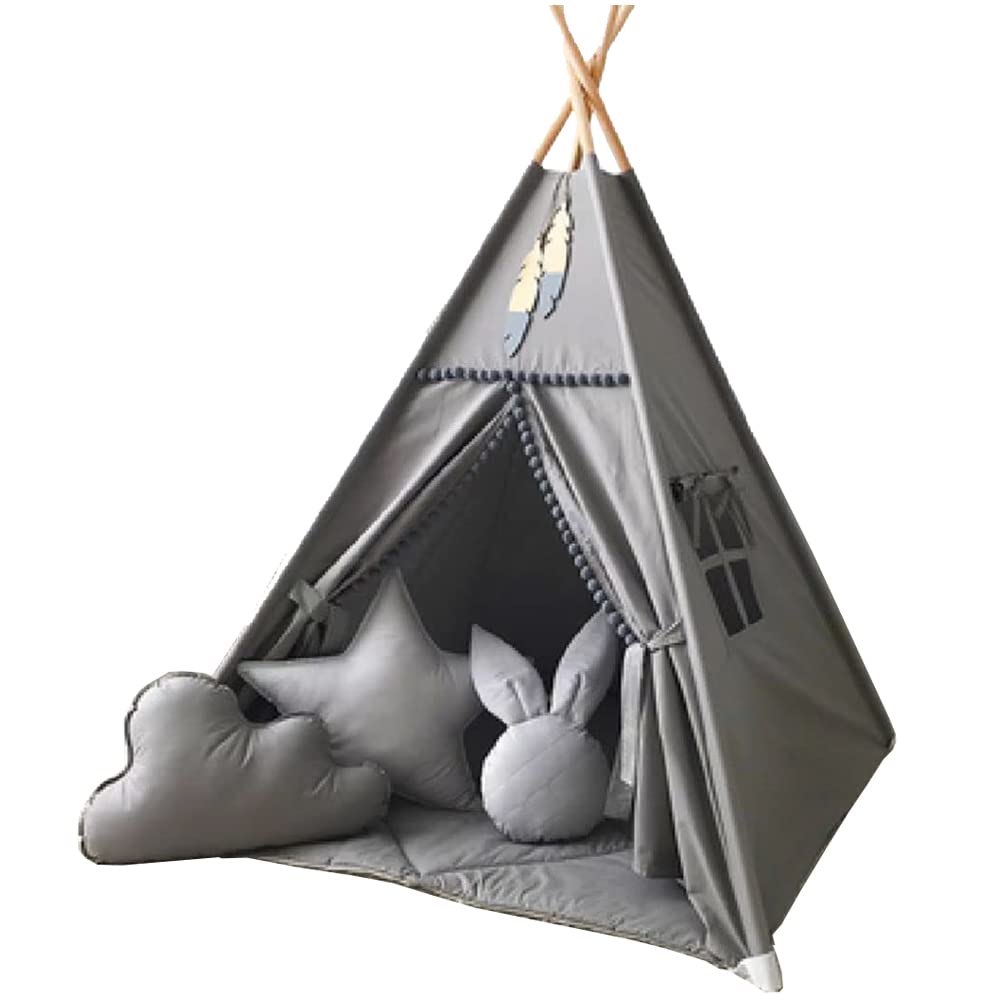 RONGFA Kids Teepee grey with white pom pom detail adds charm