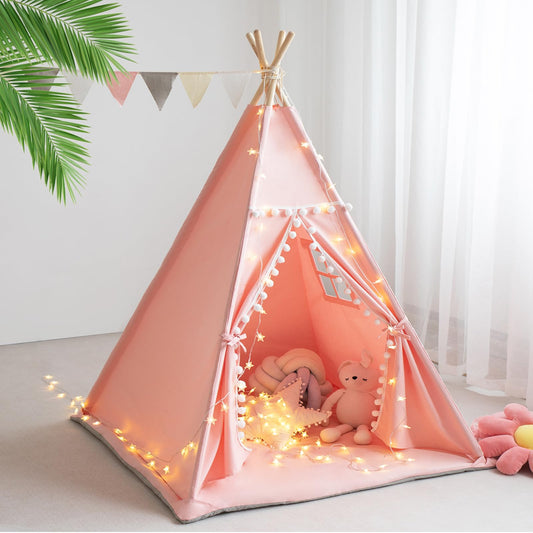 RONGFA teepee tent pink front view, cozy reading nook for kids