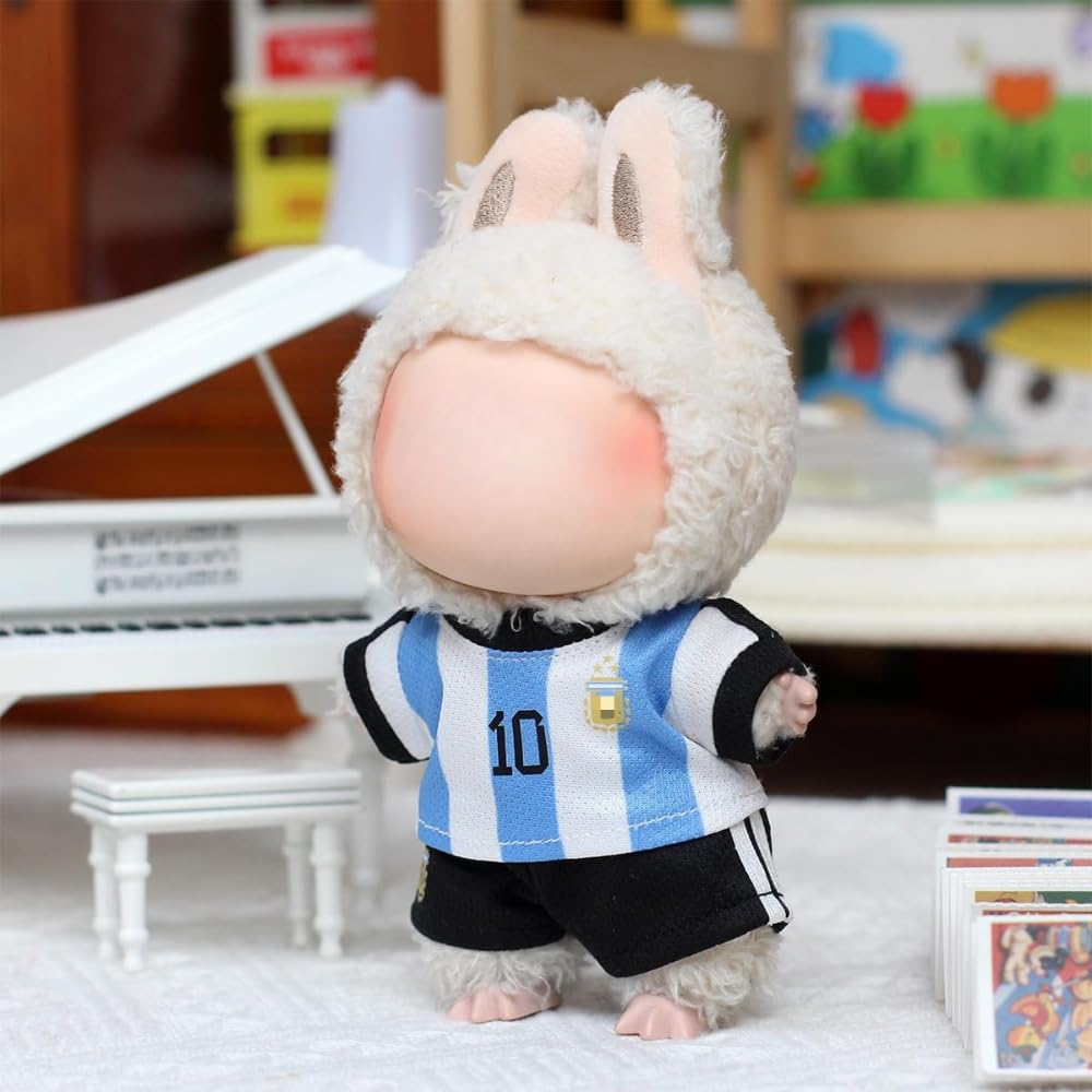 Roozxbscen Labubu soccer outfit worn on a 17 cm doll for realistic dressing.