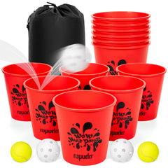 ROPODA Giant Yard Pong red buckets set up for backyard fun and family play.