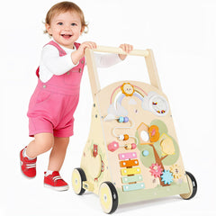 Rosynee wooden push walker front view shows sturdy build.