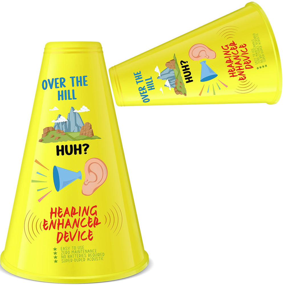 Rotatingpals Over the Hill Hearing Booster front view, bright yellow and black design for easy spotting