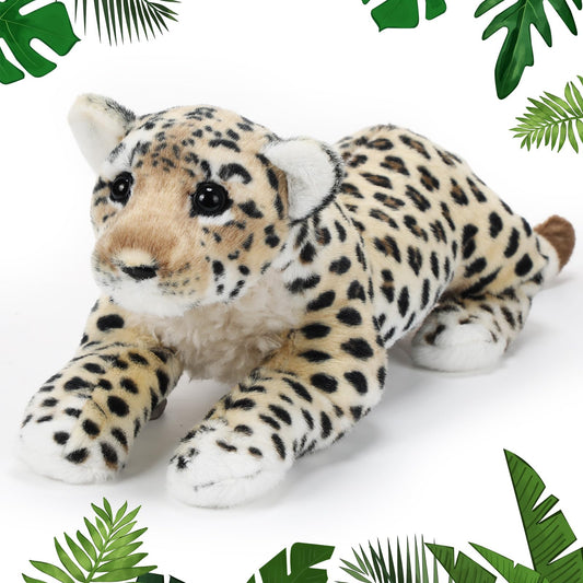 RoundFunny leopard plush 15-inch, soft and huggable for comforting playtime.