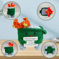 RovyFota cute crochet trash can doll desk decor adding whimsy to a workspace.