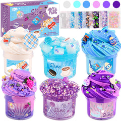 Rowecvce Snacks Slime Kit 6-pack lineup showing soft spreadable slimes for easy texture play.