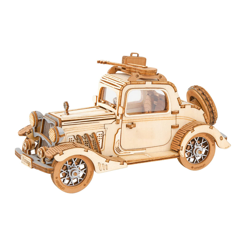 Rowood 3D car puzzle kit assembly showing precise interlocks for a satisfying build