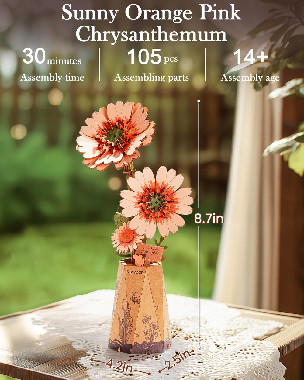 Rowood base display included for elegant wooden flower centerpiece.
