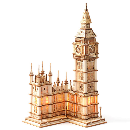 Rowood Big Ben puzzle front view showing detailed laser-cut parts for display