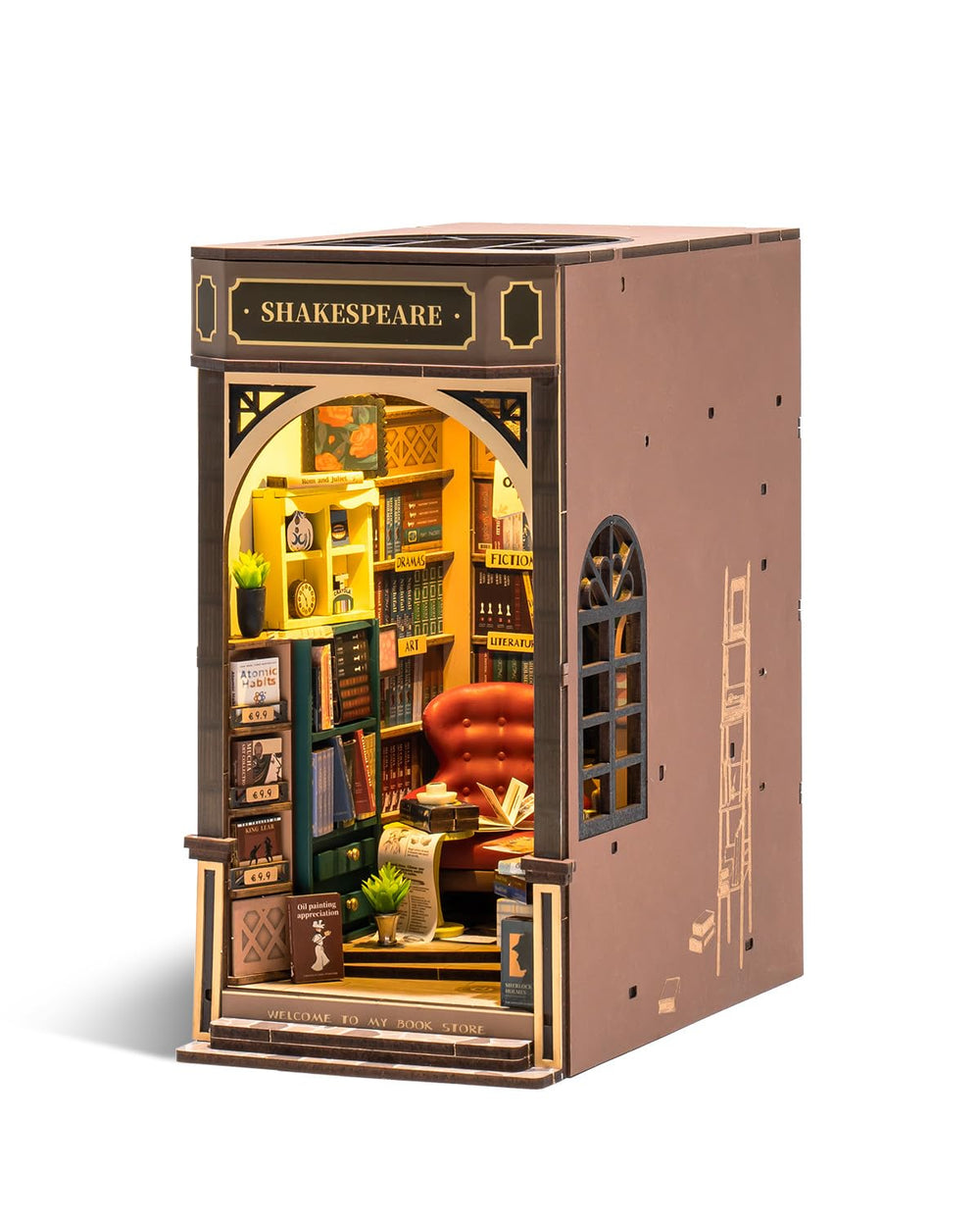 Rowood Book Nook Shakespeare storefront detail enhances bookshelf display.