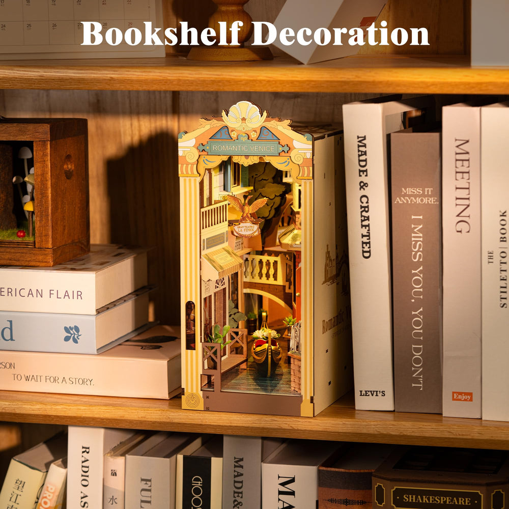 Warm golden glow enhances the book nook’s elegant display
