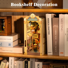 Warm golden glow enhances the book nook’s elegant display