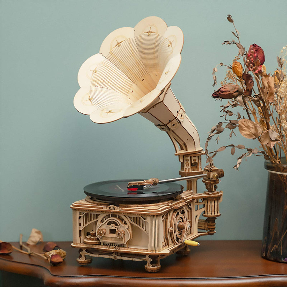 Rowood Gramophone includes a 7-inch vinyl for immediate playtime after assembly.