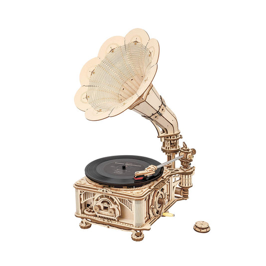 Rowood Gramophone puzzle parts show precise wooden pieces for a satisfying build.