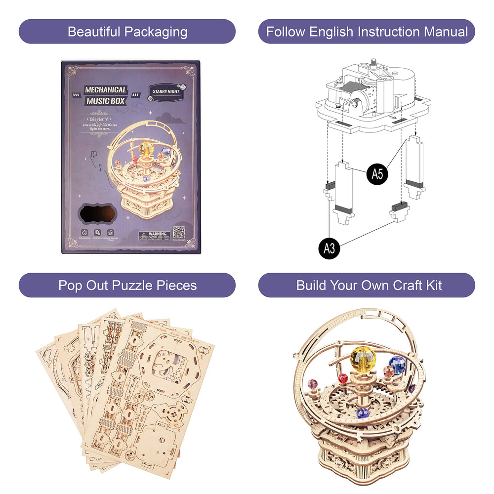 rowood Starry Night Music Box assembly instructions in English guide clear construction