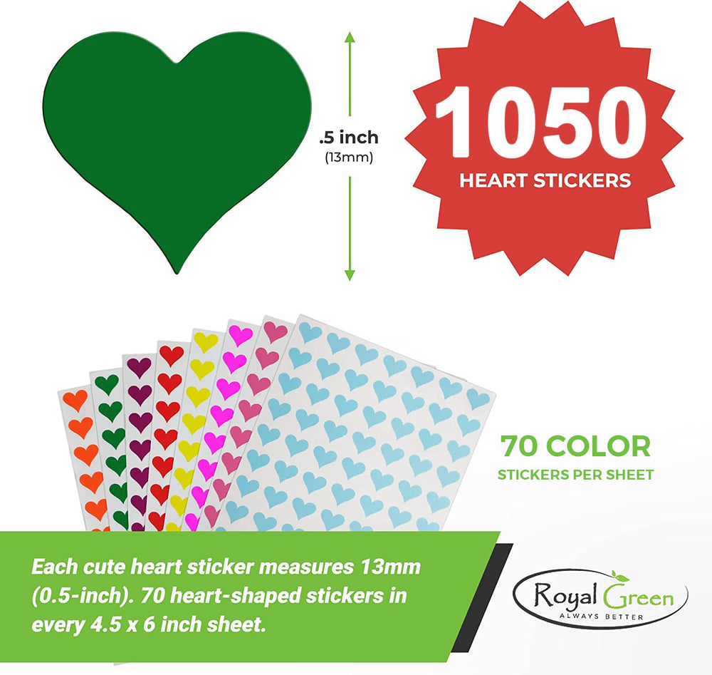 Royal Green heart stickers cling to journals and notes for quick labeling.
