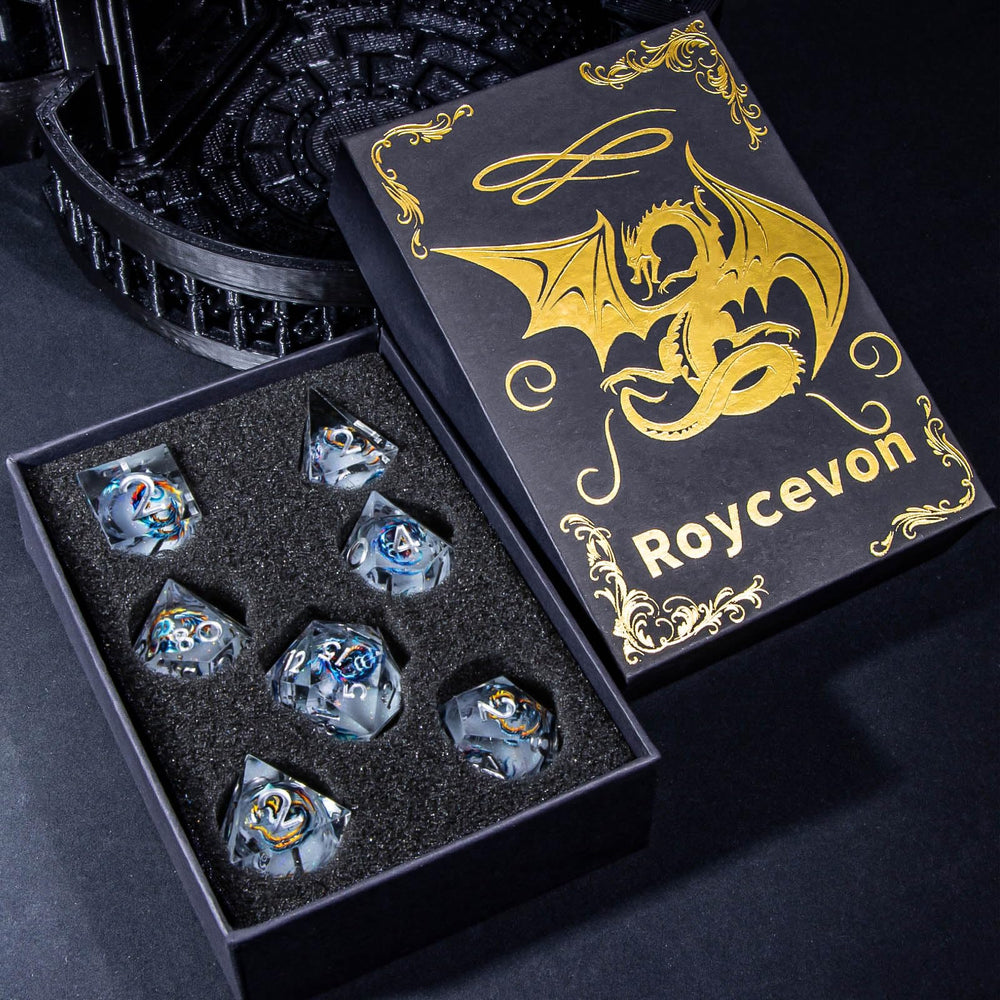 Roycevon Dragon Pattern Liquid Core DND Dice Set gift box front