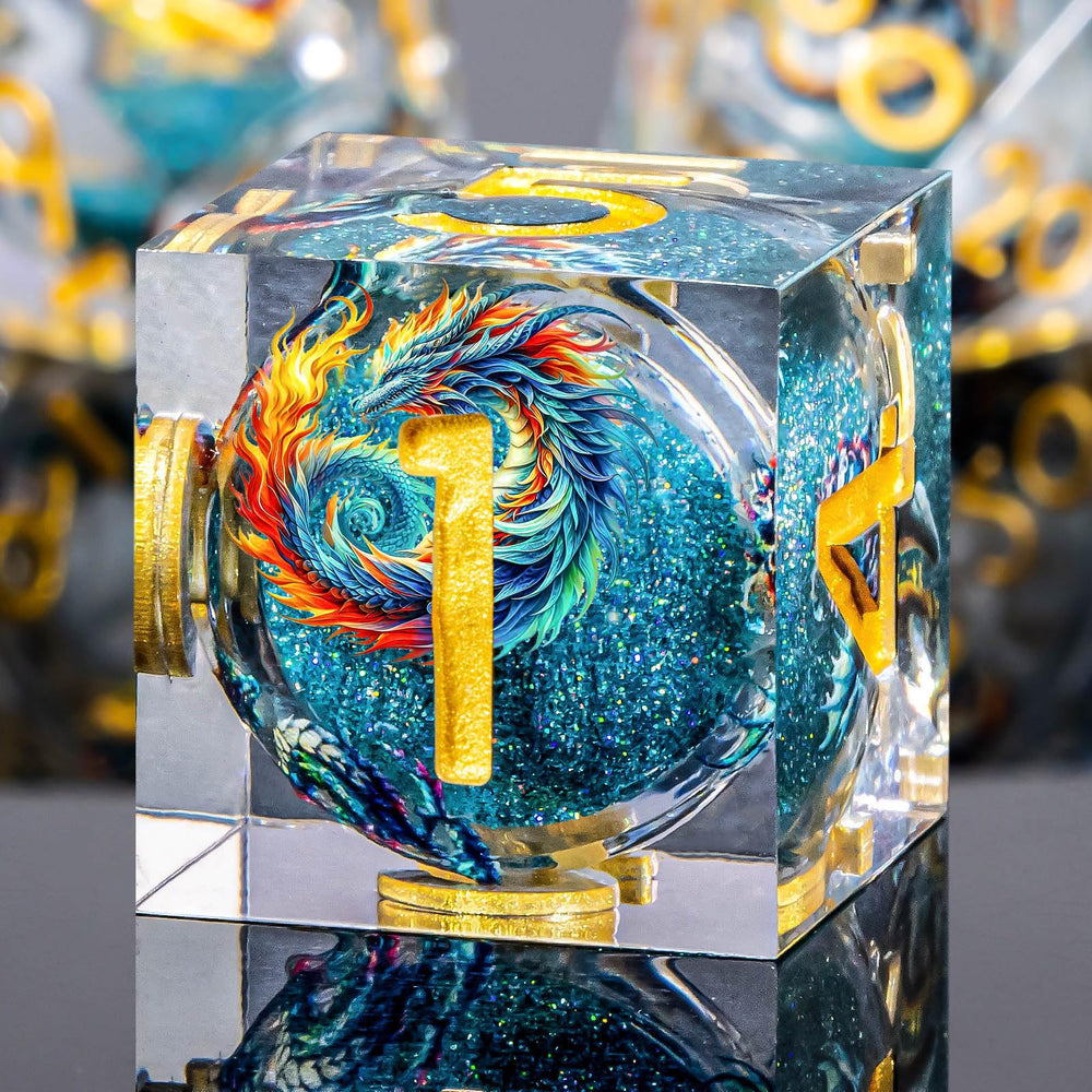 Roycevon resin DND dice in blue highlight precise balance for fair rolls.