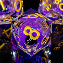 Roycevon cat dice close-up shows smooth surface and purple finish.