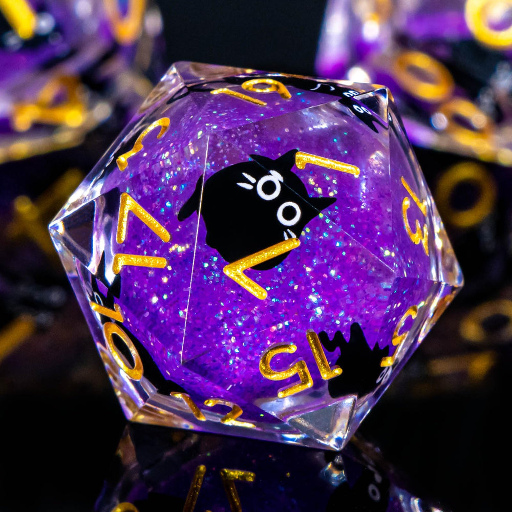 Roycevon resin cat DND dice with liquid core for immersive D20 rolls.
