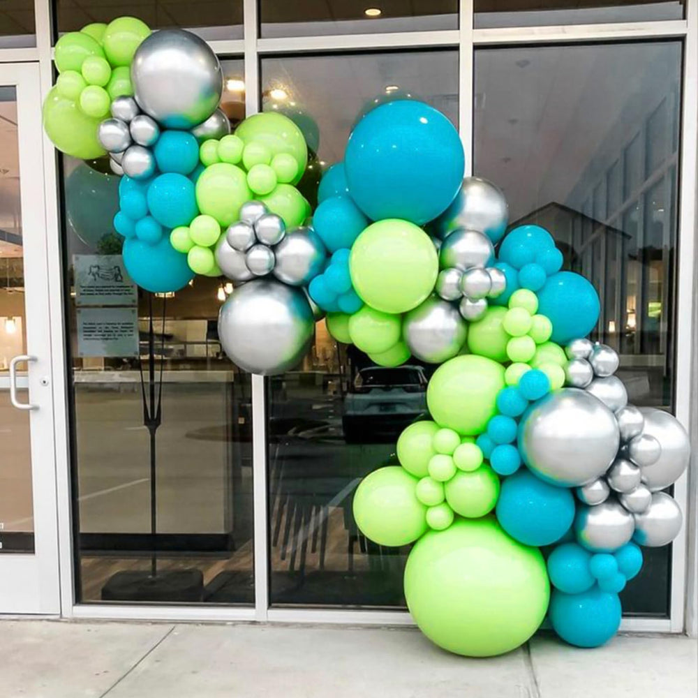 RUBFAC balloon arch garland ideas using blue-green balloons