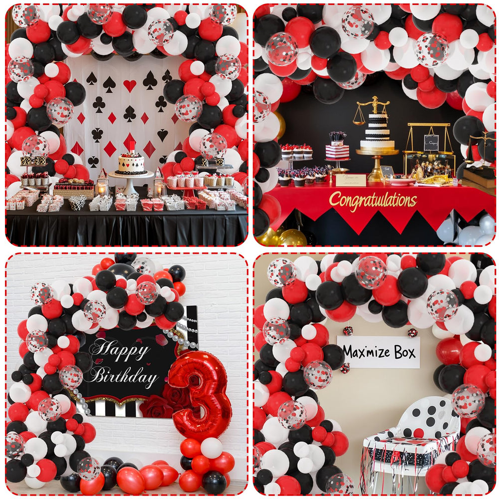 RUBFAC party décor setup featuring a bold red black white arch