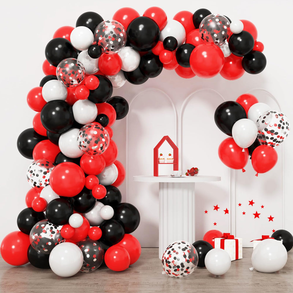 RUBFAC balloon arch kit in red, black and white for striking party backdrops