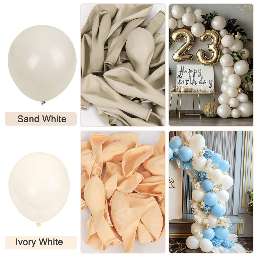 Rubfac arch setup with sand white balloons creating a memorable backdrop