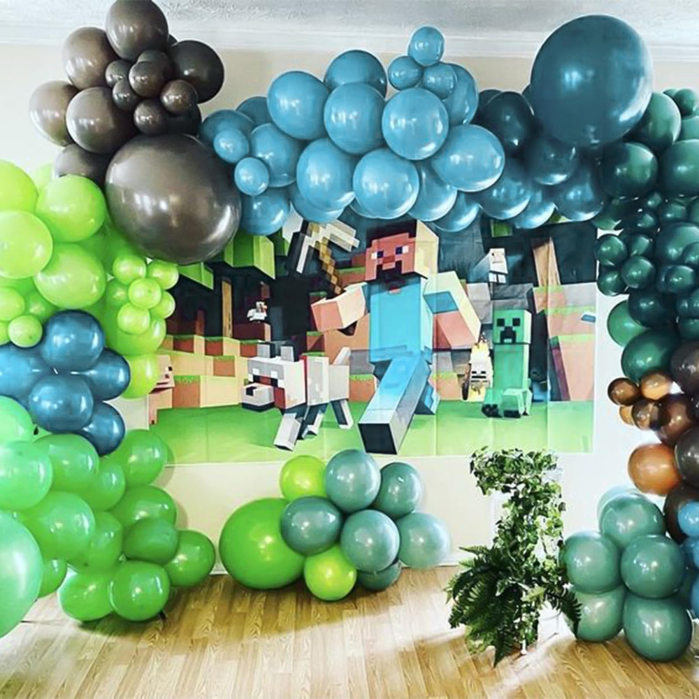 RUBFAC birthday party decor with blue-green balloons