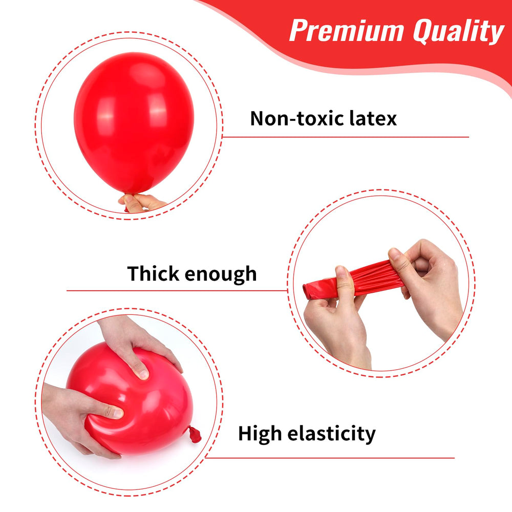 Rubfac red balloons 10-inch ideal for mixed-size decor and arches.