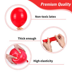 Rubfac red balloons 10-inch ideal for mixed-size decor and arches.