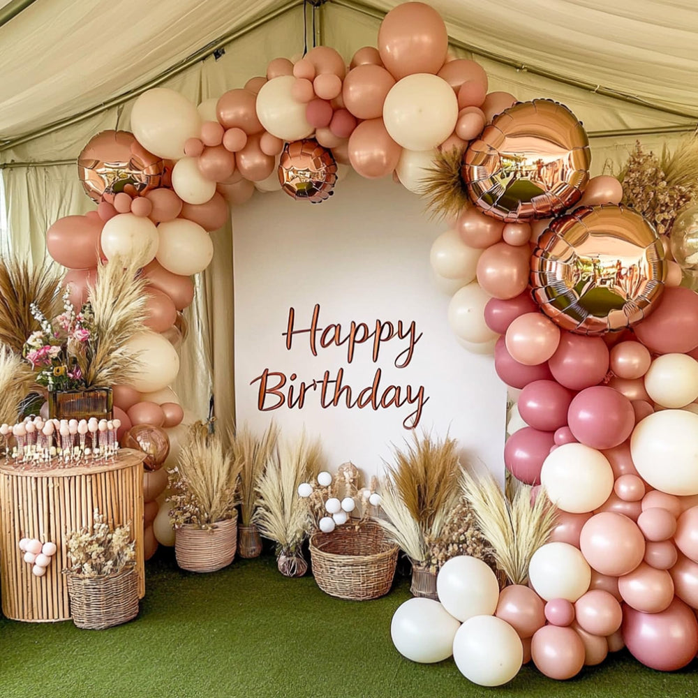 Rubfac romantic Valentines Day decor setup with pink balloons