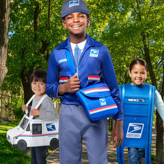 Toddler wearing Rubies USPS costume for playful role-play.