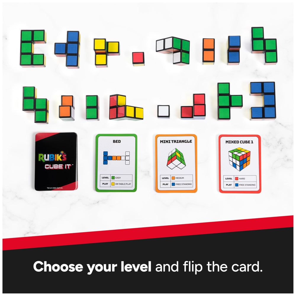 Close-up of 54 challenge cards and instructions for Cube It.