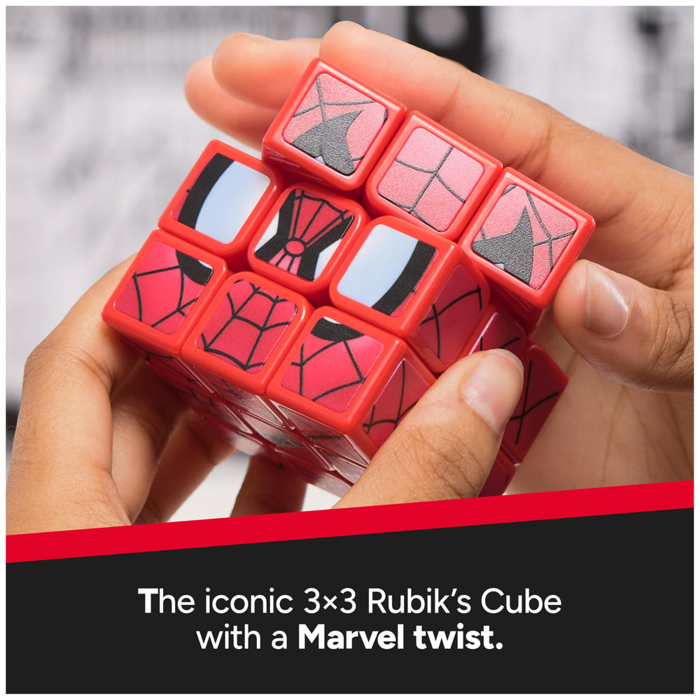 Rubik’s Spider-Man Cuber head attachment plate demonstrates collectible reveal.