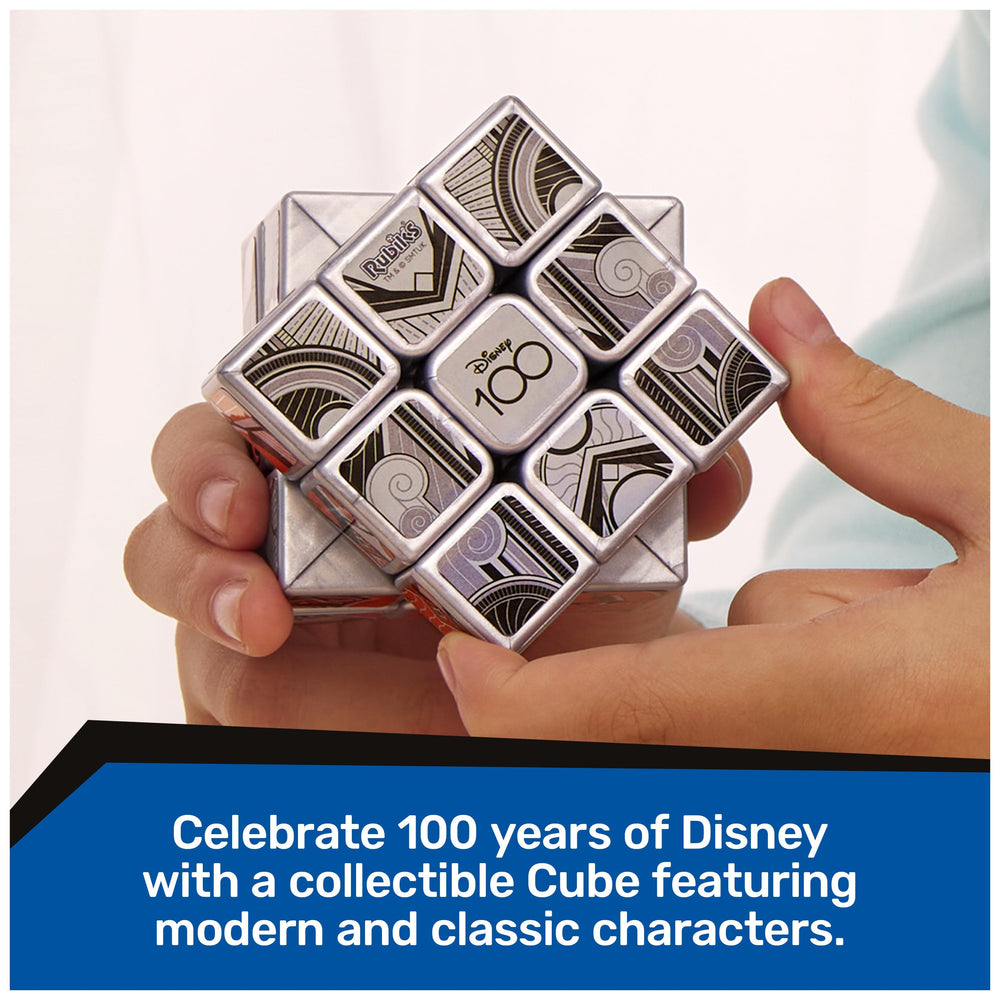Rubik’s Disney100 Platinum 3x3 cube close-up showing metallic finish and iconic art.
