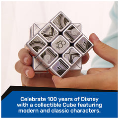 Rubik’s Disney100 Platinum 3x3 cube close-up showing metallic finish and iconic art.