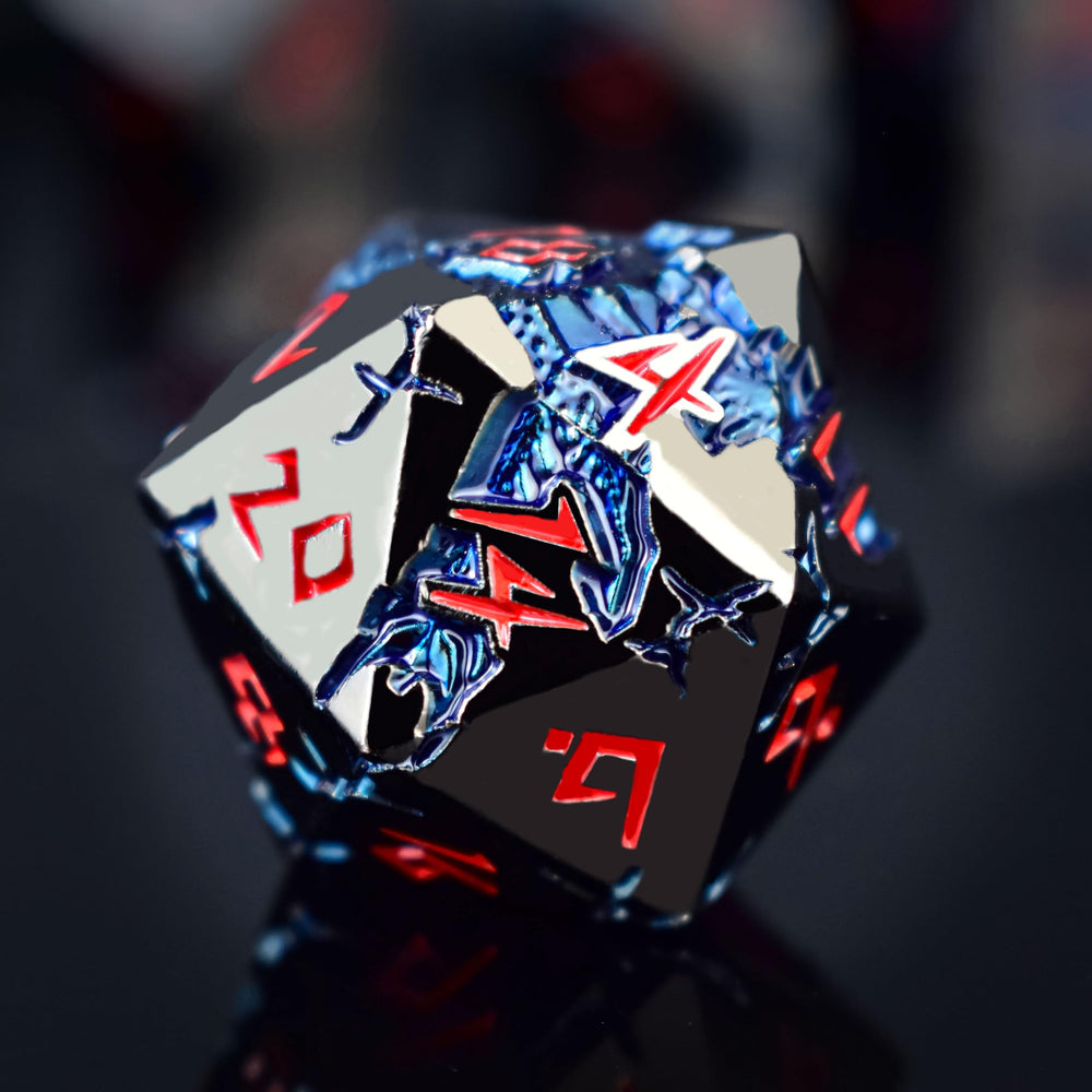Rule Dice blue dragon design enhances gameplay with legendary table presence.