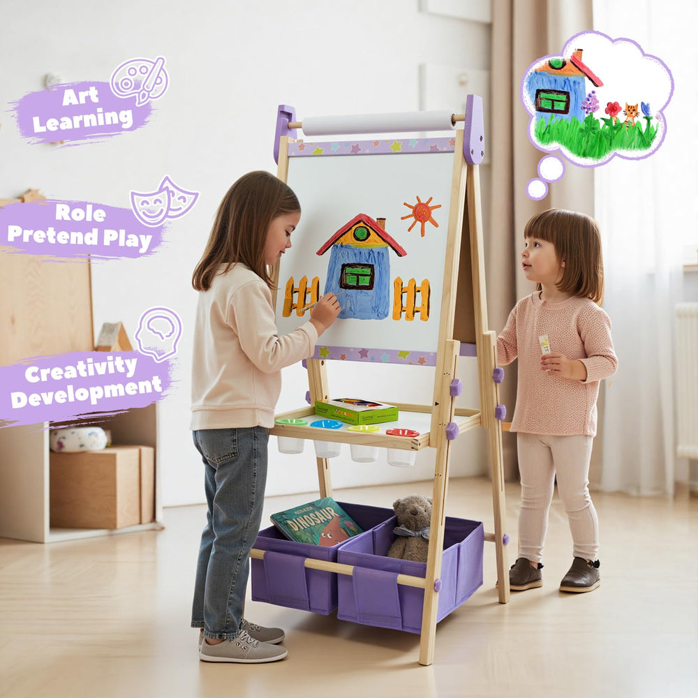 Rundad easel features hooks and storage for brushes and paints.