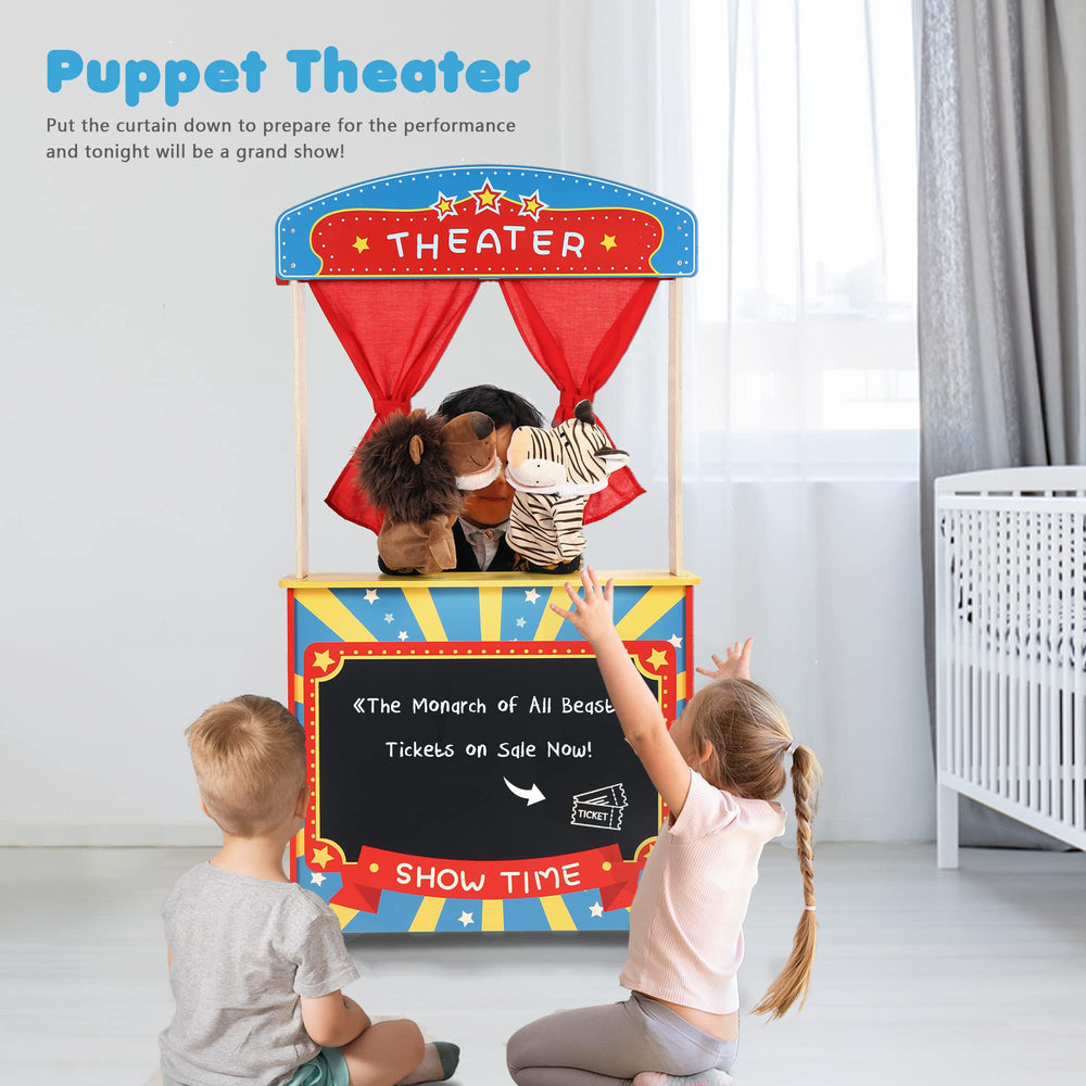 Rundad puppet theater with chalkboard for show notes and schedules
