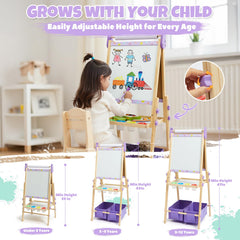 Rundad wooden dual-sided easel with storage shelves keeps supplies organized.