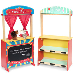 Rundad wooden puppet theater view showing its sturdy stage for imaginative play