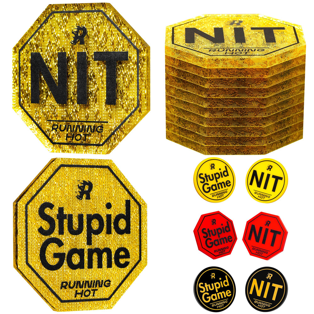 RUNNING HOT nit-button-10pc-set on table enables dynamic poker nights.