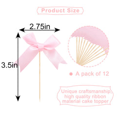 Rweseo Coquette Pink Bow Cupcake Topper close-up with hidden toothpick for stability.