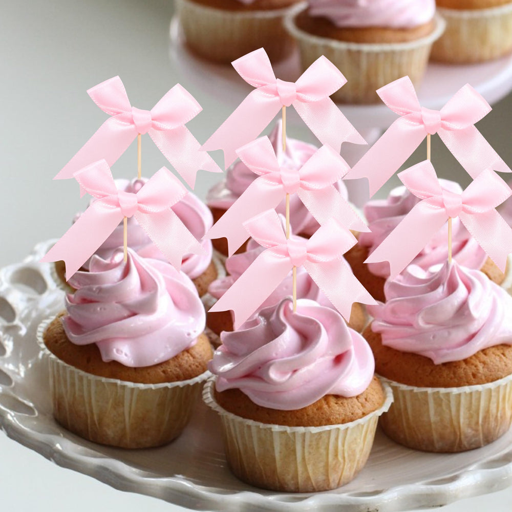 Rweseo Coquette Pink Bow Cupcake Topper adds elegant charm to desserts.