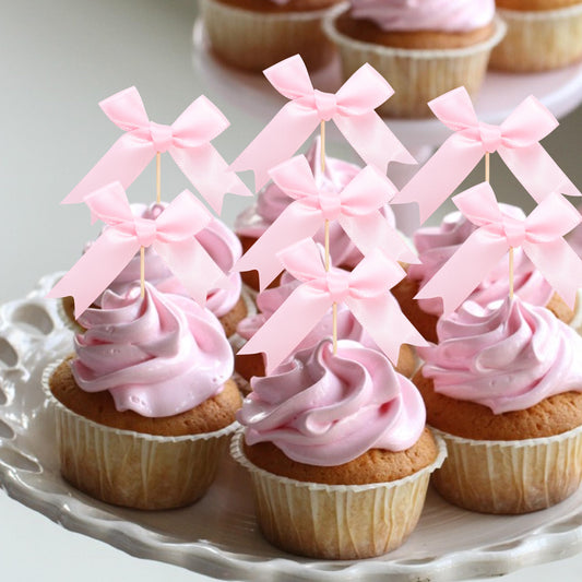 Rweseo Coquette Pink Bow Cupcake Topper adds elegant charm to desserts.